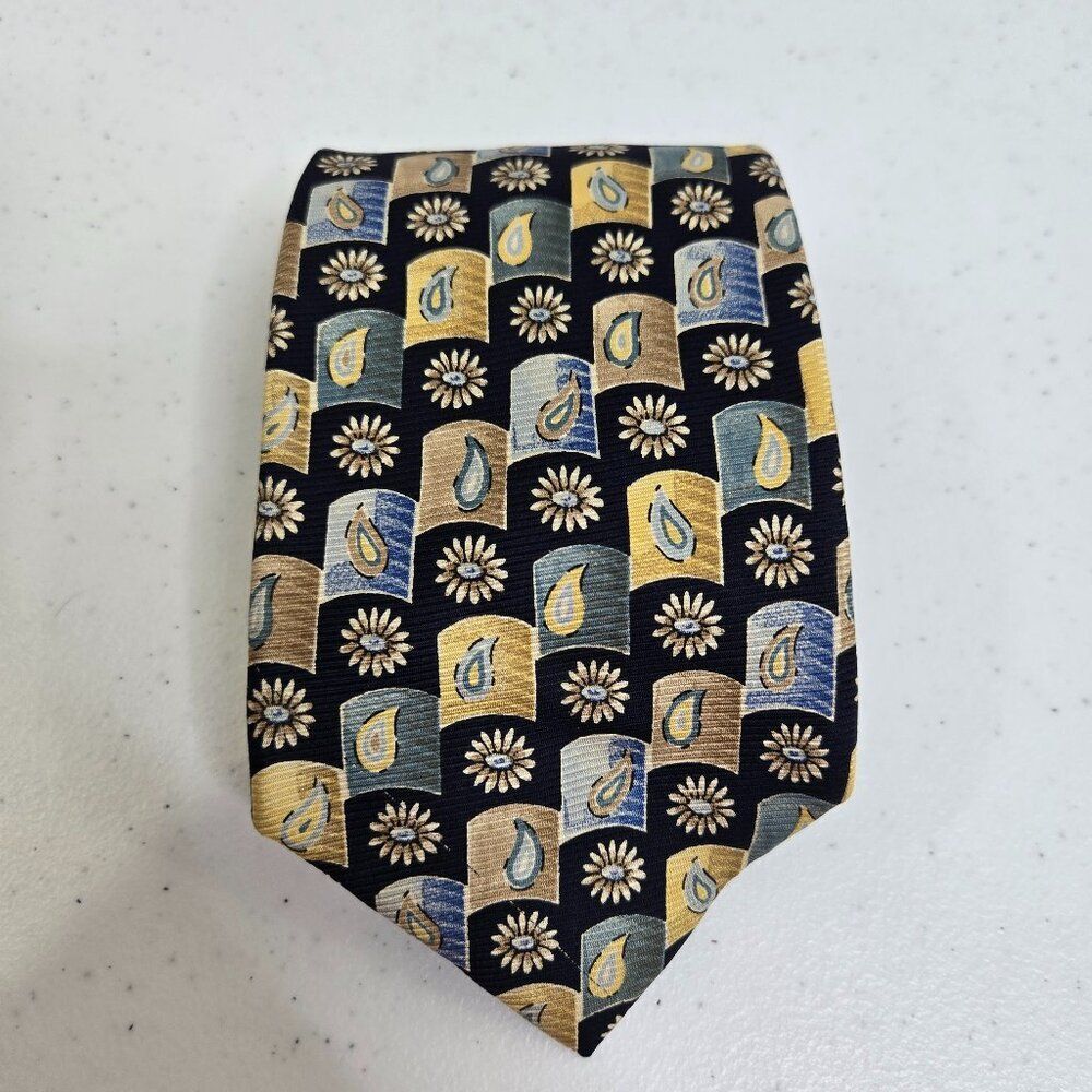 Lands End Tie Flower Drop Blue Yellow 100% Silk Geometric Diagonal Floral Vtg